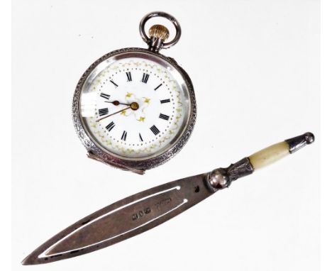 A Victorian silver bookmark, of trowel form, Birmingham 1890, 9cm W, and a Continental open fob watch with fancy Roman numeri