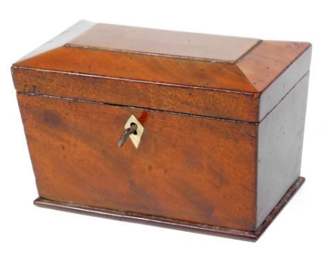 A 19thC mahogany tea caddy, of small proportion, the rectangular sarcophagus lid revealing a two sectional interior with diam
