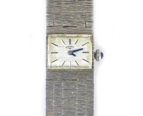 A silver Rotary ladies wristwatch, with rectangular dial, on bark effect bracelet, and blue cabochon set winder, 17cm L overa