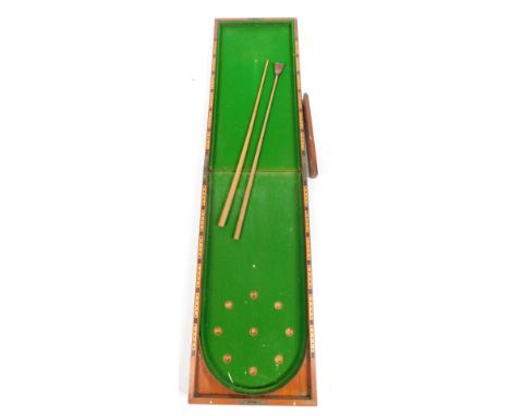 A 19thC mahogany bar bagatelle, of rectangular form, with cue, fitted section and baize lined, when closed 92cm H, 48cm W, 13
