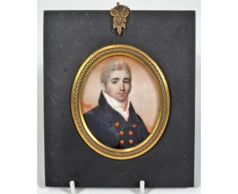 IWS early 19thC English School.  Portrait miniature of a gentleman, probably gouache on ivory, initialled, 7cm x 6cm.