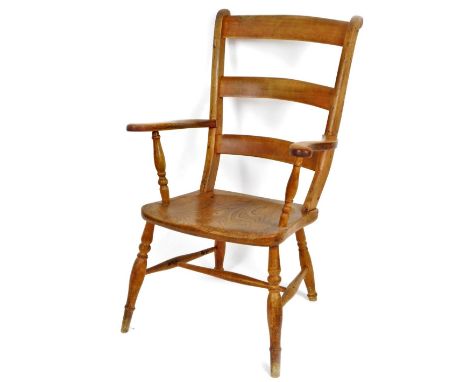 A 19thC ash and elm ladder back chair, with curved arms, turned supports, turned front legs joined by an H stretcher, 98cm H.