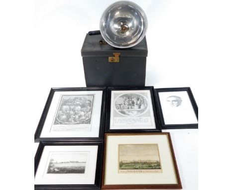 A vintage heat lamp, partially cased, case 33cm W, portrait of a gentleman signed Beulah, various other prints, pictures, etc