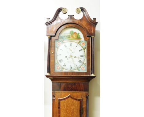 John Hyde, Sleaford.  A 19thC mahogany and oak longcase clock, with broken swan neck pedimented hood, long trunk door inlaid 