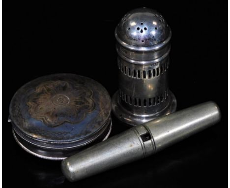 A George V silver pepper pot, of domed form, with compressed circular lid, part pierced body and circular foot, with blue gla
