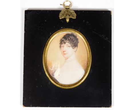 19thC English School.  Portrait miniature of a lady, probably on ivory, 8cm x 6cm.