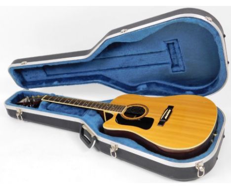 A Washburn acoustic guitar, with inlaid body, SCO1120270 D102SCELH, 104cm W.  (cased)