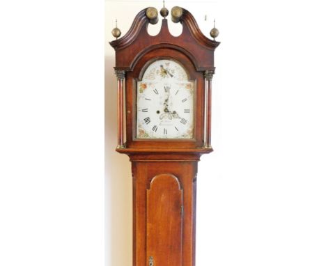 AB Shaw Billingborough. A 19thC oak longcase clock, with a broken swan neck pedimented hood, surmounted by three globular fin