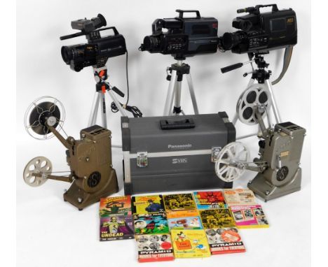 A reel to reel projector, with full casing, 55cm H, another similar, an MSI Panasonic CCD VHS professional camcorder on tripo