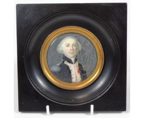 Early 19thC English School.  Portrait miniature of a soldier with shoulder epaulettes in waistcoat, facing front, probably go