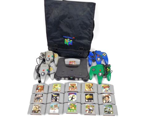 An original Nintendo N64 computer console, with a number of games to include Zelda, 12cm W, outer carrying case, etc. (a quan