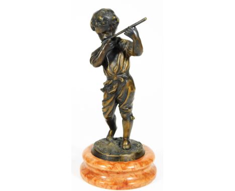 A cast metal figure group, of a boy playing flute, on a naturalistic base and inverted marble finish stand, unmarked, in the 