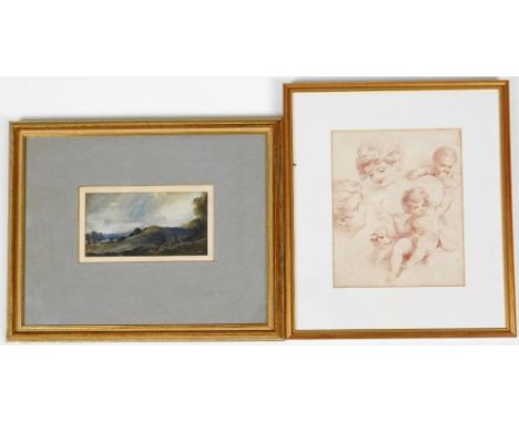19thC English School. Landscape with clouds gathering, watercolour, 9cm x 17cm,  Old Master print of children. (2)