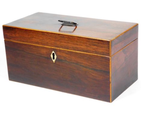An early 19thC rosewood tea caddy, of rectangular form, with part fitted interior, 15cm H, 30cm W, 15cm D.  (AF)