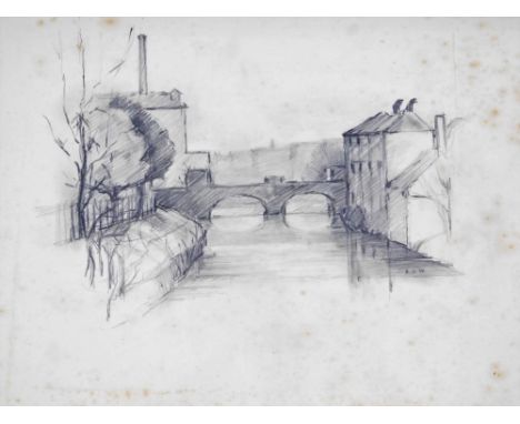 PJW (20thC). Canal and townscape, pencil sketch, initialled 19cm x 26cm. 