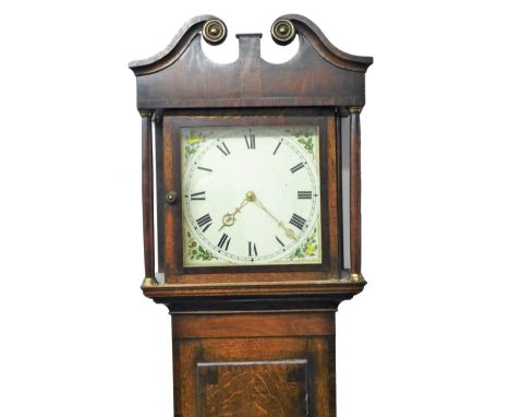 A 19thC oak country longcase clock, with swan neck pedimented hood raised above a long trunk door with a wide crossbanding, o