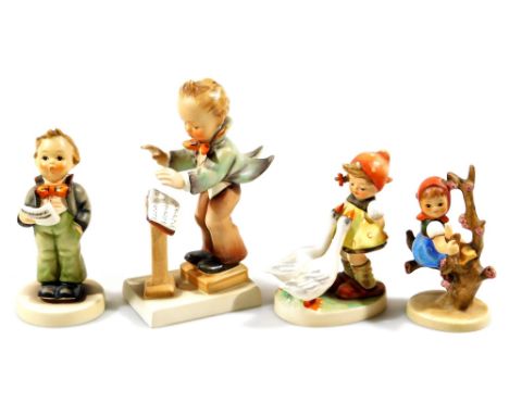 Various 20thC Goebel Hummel figures, to include girl aside geese, 10cm H, Apple Blossom Girl, etc.  (4)