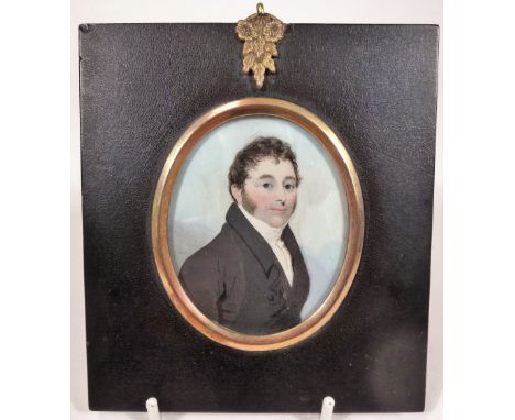 19thC English School.  Portrait miniature, figure of a gentleman with broad whiskers in black jacket, probably gouache on ivo