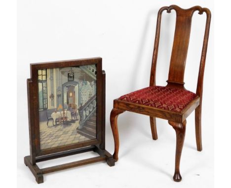 An early 20thC oak framed firescreen, with embroidered centre, on stepped feet, 72cm H, 68cm W, 33cm D and a Queen Anne style