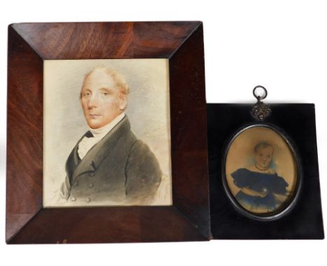 19thC English School. Portrait miniature of a gentleman, in polished mahogany frame, 22cm x 19cm and a 19thC English School p