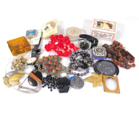 Costume jewellery and effects, a Middle Eastern style agate set pendant, two gent's wristwatches, collar studs, trinket boxes