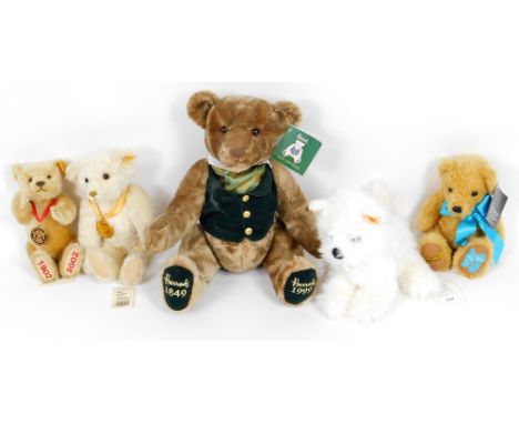 Various Teddy bears, Harrods 1849-1999 celebration 38cm H, Olympic London 2012 bear, late Steiff dog, 1902-2002 Danbury mint 