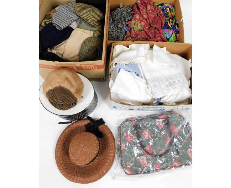 Various vintage fashion, accessories, etc., ladies hats, a quantity of table linen early 20thC, various coats, other accessor