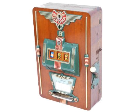 A Vintage Beromat Bremse one armed bandit, with articulated handle and Art Deco design metal front in wooden cabinet,  75cm H