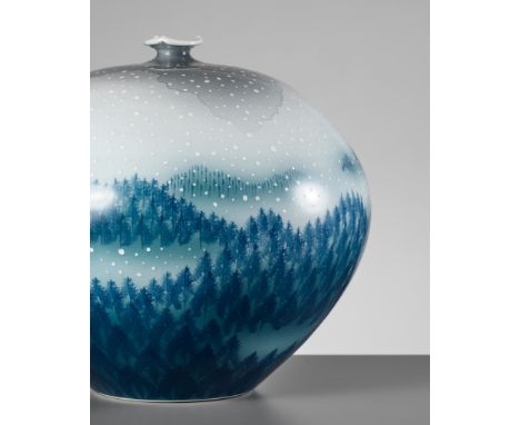 FUJII SHUMEI: A FINE SNOW-FLAKE GLAZE VASE DEPICTING A WINTER FORESTBy Fujii Shumei (1936-2017), signed Shumei sakuJapan, 20t