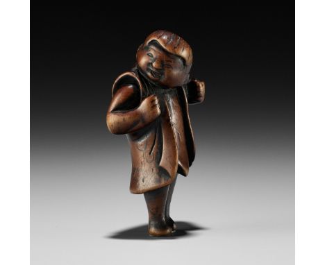 A RARE WOOD NETSUKE DEPICTING A KARAKO BOY DURING SHICHI-GO-SANUnsignedJapan, late 18th to early 19th century, Edo period (16