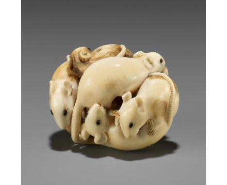 TOMOCHIKA: A FINE IVORY NETSUKE OF A GROUP OF SEVEN RATSBy a member of the Tomochika school, signed TomochikaJapan, Edo (Toky