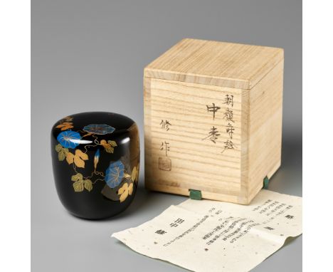 TANAKA OSAMU: A BLACK LACQUER NATSUME (TEA CADDY) WITH MORNING GLORYBy Tanaka Osamu (born 1952), signed and sealed by the art