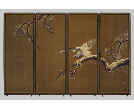 A MAGNIFICENT FOUR-PANEL BYOBU SCREEN OF AN EAGLE PERCHED ON PINE, ATTRIBUTED TO NISHIMURA SOZAEMON, THE DESIGN BY IMAO KEINE