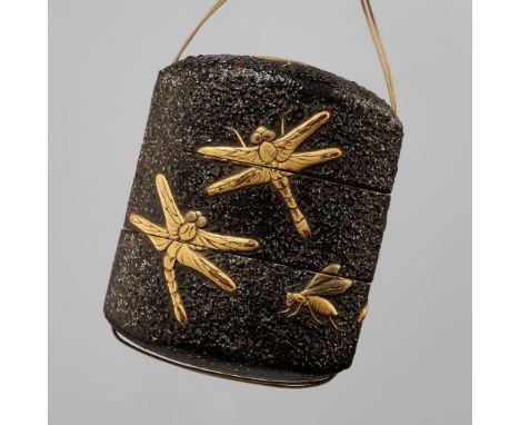A SMALL TWO-CASE LACQUER INRO WITH DRAGONFLIESUnsignedJapan, 19th centuryThe small two-case inro of upright form and oval sec