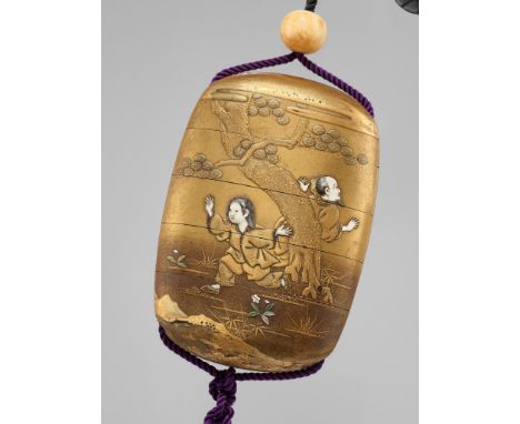 A FINE FOUR-CASE GOLD LACQUER INRO WITH YOKO AND THE TIGERUnsignedJapan, 19th centuryOf upright oval form with lenticular pro