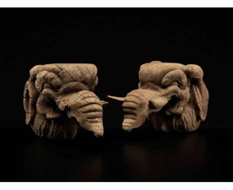 A RARE PAIR OF CARVED WOOD 'BAKU' ARCHITECTURAL ELEMENTSJapan, Edo period (1615-1868)The architectural supports, sometimes al