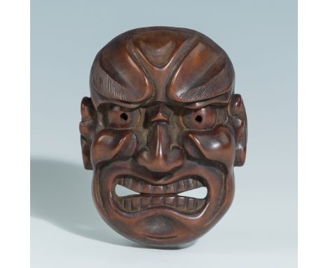 DEME UMAN: AN UNUSUALLY LARGE WOOD NOH MASK NETSUKE OF O-BESHIMIBy Deme Uman, signed Deme Uman 出目右滿Japan, Edo (Tokyo), 19th c