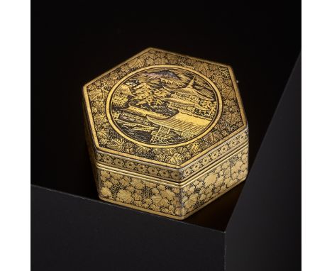 A KOMAI-STYLE GILT-DAMASCENED IRON HEXAGONAL BOX AND COVER, WITH FUKU MARKMarked FukuJapan, Kyoto, Meiji period (1868-1912)Fi