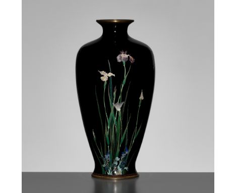 A MIDNIGHT-BLUE-GROUND CLOISONNE ENAMEL VASE WITH SHOBU (IRIS) AND KIKYO (CHINESE BELLFLOWER)Japan, Meiji period (1868-1912)T