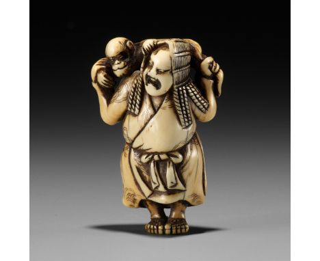 A FINE IVORY NETSUKE DEPICTING THE SPY ONCHI SAKON MITSUKAZU WITH A MONKEY, ATTRIBUTED TO OKATOMOAttributed to Yamaguchi Okat