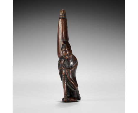 A FINE EDO SCHOOL WOOD NETSUKE OF A SLEEPING TEMPLE SERVANT  UnsignedJapan, Edo (Tokyo), late 18th to early 19th century, Edo