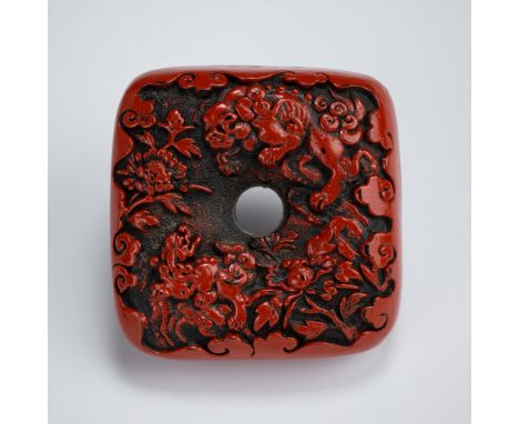A FINE TSUISHU LACQUER MANJU NETSUKE DEPICTING SHISHI NO SAKA OTOSHIUnsignedJapan, 19th centuryThe zabuton (cushion) shaped n