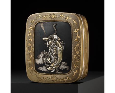 A FINE MIXED METAL BOX AND COVER DEPICTING HANDAKA SONJAJapan, Meiji period (1868-1912)Of rectangular form with rounded corne