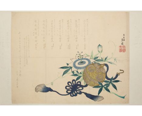 TENJUKAN GYOKEN: SURIMONO OF A SPHERICAL CENSER WITH PASSION FLOWERSBy Tenjukan Gyoken (active 1830-1869), signed Tenjukan Gy