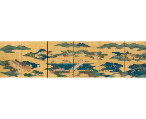 A SIX-PANEL 'PANORAMA OF THE TOKAIDO WITH MOUNT FUJI' BYOBU SCREENJapan, 19th centuryInk, gouache, watercolors, and gold pain