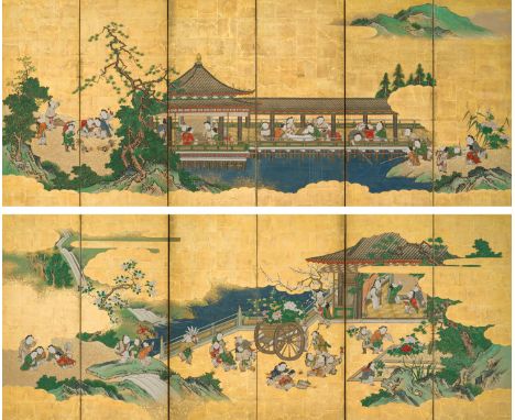 KANO SCHOOL: A FINE PAIR OF 'KARAKO BOYS' SIX-PANEL BYOBU SCREENSJapan, 17th-18th century, Edo period (1615-1868)Ink, gouache