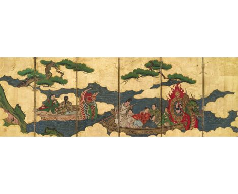 'SHIOGAMA MINATO MATSURI' SIX-PANEL BYOBU SCREENSealed Katsushige 勝重Japan, second half of 19th centuryInk, gouache, watercolo