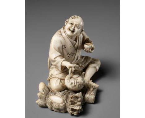 SOZAN: AN IVORY OKIMONO OF A FARMER DRINKING TEABy Sozan, signed SozanJapan, Meiji period (1868-1912)Seated on a raised wood 