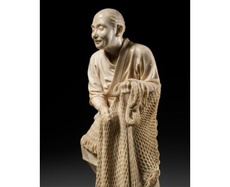 HOKO: A FINE TOKYO SCHOOL IVORY OKIMONO OF AN ELDERLY FISHERMAN WITH HIS NETBy Hoko, signed Hoko and kakihanJapan, Tokyo, Mei