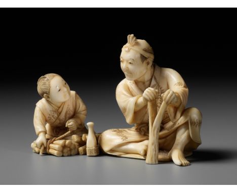 HIROYUKI: AN IVORY OKIMONO OF A WOODCUTTER WITH CHILDBy Hiroyuki, signed HiroyukiJapan, Meiji period (1868-1912)Finely carved